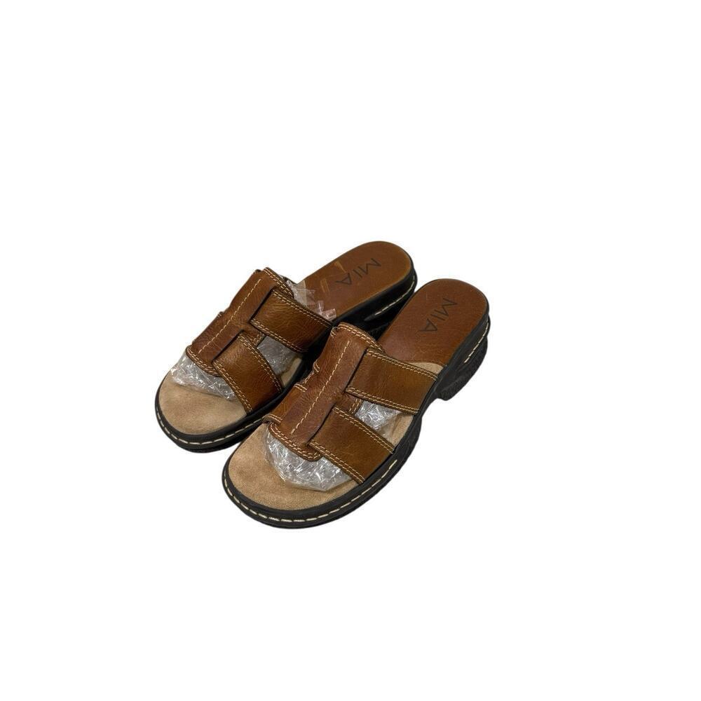 MIA Brown Leather Y2K Style Chunky Slide Shoes Comfort Summer Sandals Womens 8M